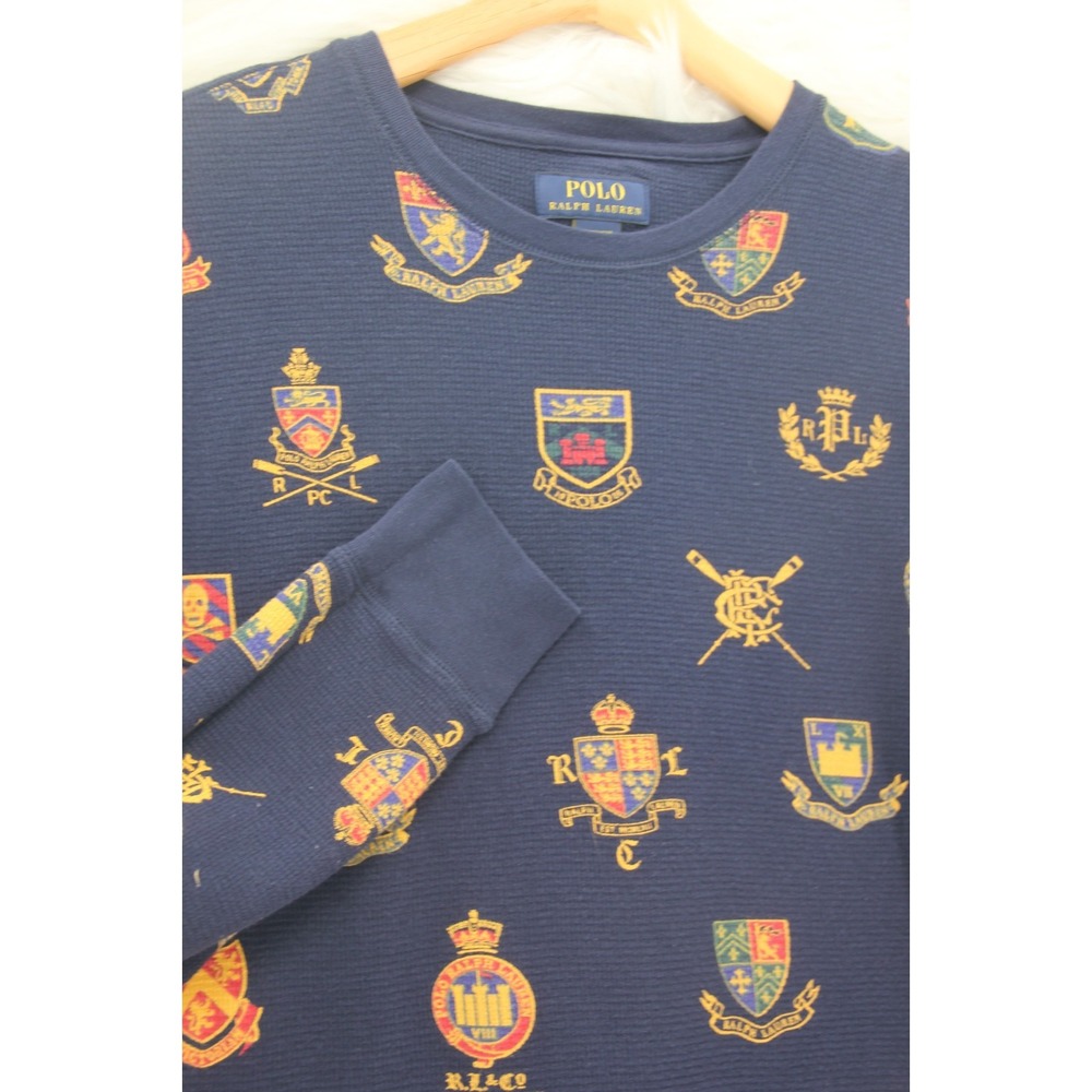 POLO RALPH LAUREN Men M Navy Crest Logo Thermal Long Sleeve Sleepwear Shirt #863